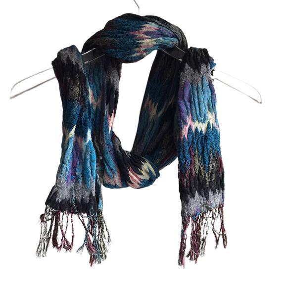 Blue Zig Zag Knit Scarf Fringed Marled Rectangular Wrap - Picture 13 of 14